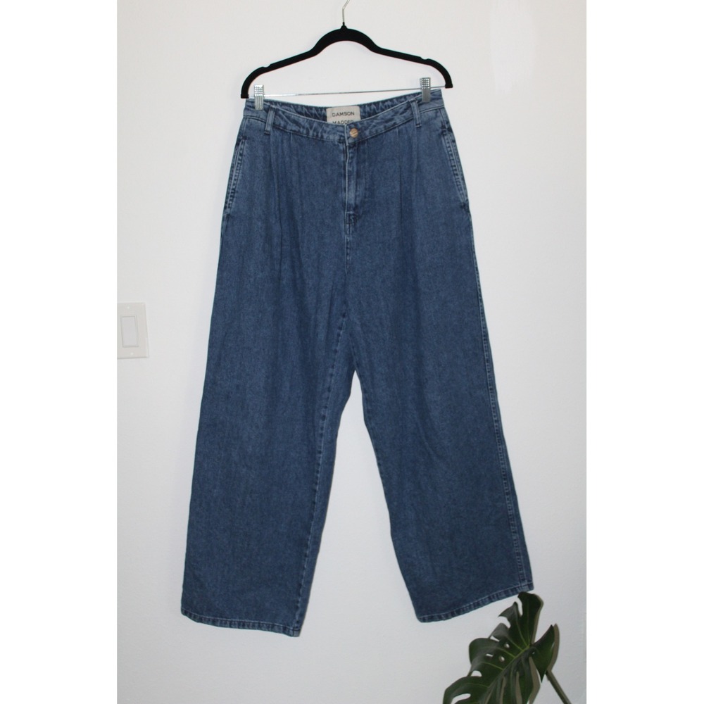 Damson Madder Blue Medium Wash Pleated Wide Leg Jeans High Rise Denim Size 14
